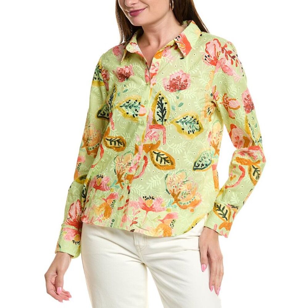 Nicole Miller Womens  Embroidered Eyelet Blouse, Green